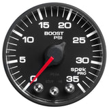 GAUGE, BOOST, 2 1/16in, 35PSI, STEPPER MOTOR W/PEAK & WARN, BLACK/BLACK, SPEK-PRO