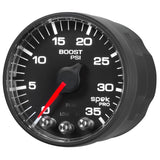 GAUGE, BOOST, 2 1/16in, 35PSI, STEPPER MOTOR W/PEAK & WARN, BLACK/BLACK, SPEK-PRO