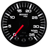 GAUGE, BOOST, 2 1/16in, 35PSI, STEPPER MOTOR W/PEAK & WARN, BLACK/BLACK, SPEK-PRO