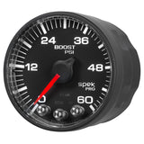 GAUGE, BOOST, 2 1/16in, 60PSI, STEPPER MOTOR W/PEAK & WARN, BLK/BLACK, SPEK-PRO