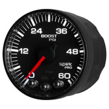 GAUGE, BOOST, 2 1/16in, 60PSI, STEPPER MOTOR W/PEAK & WARN, BLK/BLACK, SPEK-PRO