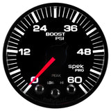 GAUGE, BOOST, 2 1/16in, 60PSI, STEPPER MOTOR W/PEAK & WARN, BLK/BLACK, SPEK-PRO