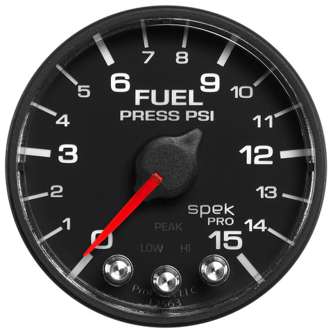 Gauge, Fuel Press, 2 1/16in, 15PSI, Stepper Motor w/ Peak & Warn, Blk/Blk, Spek