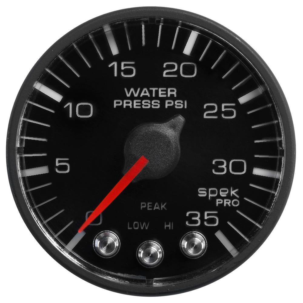 GAUGE, WATER PRESS, 2 1/16in, 35PSI, STEPPER MOTOR W/PK & WRN, BLK/BLK, SPEK-PRO