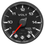 GAUGE, VOLTMETER, 2 1/16in, 16V, STEPPER MOTOR W/PEAK & WARN, BLK/BLK, SPEK-PRO