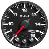 GAUGE, VOLTMETER, 2 1/16in, 16V, STEPPER MOTOR W/PEAK & WARN, BLK/BLK, SPEK-PRO