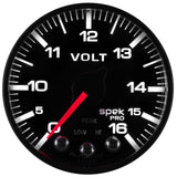 GAUGE, VOLTMETER, 2 1/16in, 16V, STEPPER MOTOR W/PEAK & WARN, BLK/BLK, SPEK-PRO