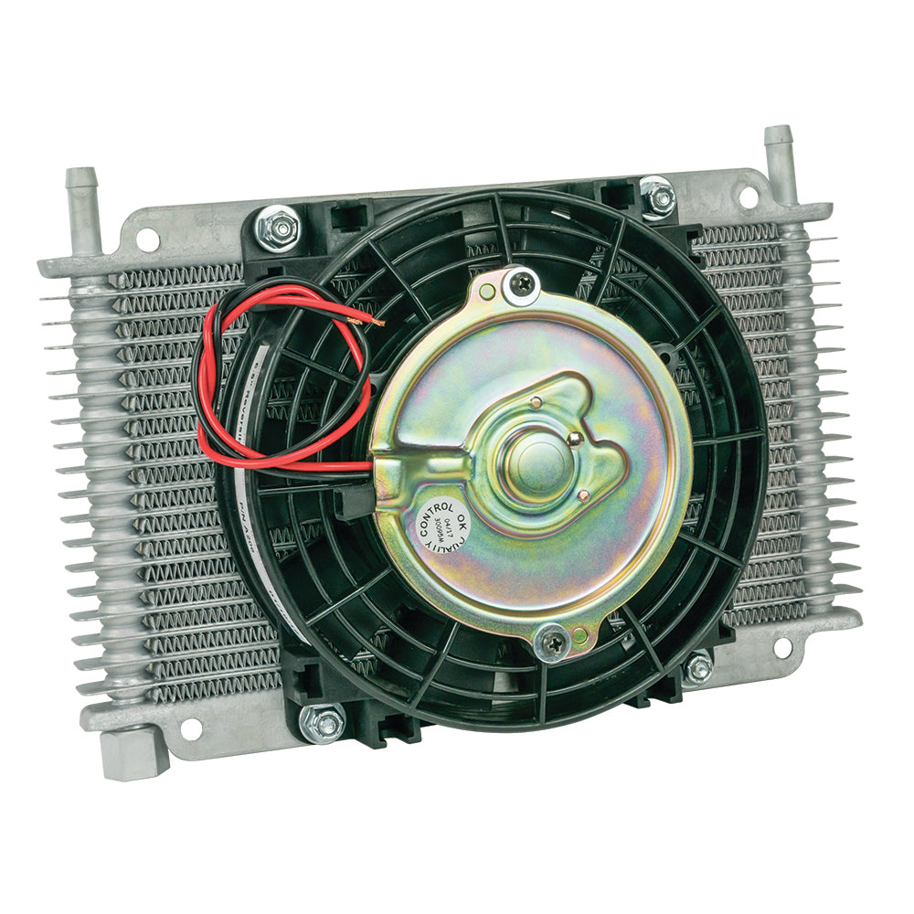 Flex-A-Lite Transmission Oil Cooler, 11" X 6" X 3/4", 17-row, 3/8" barb, 6.5" fan and temp switch