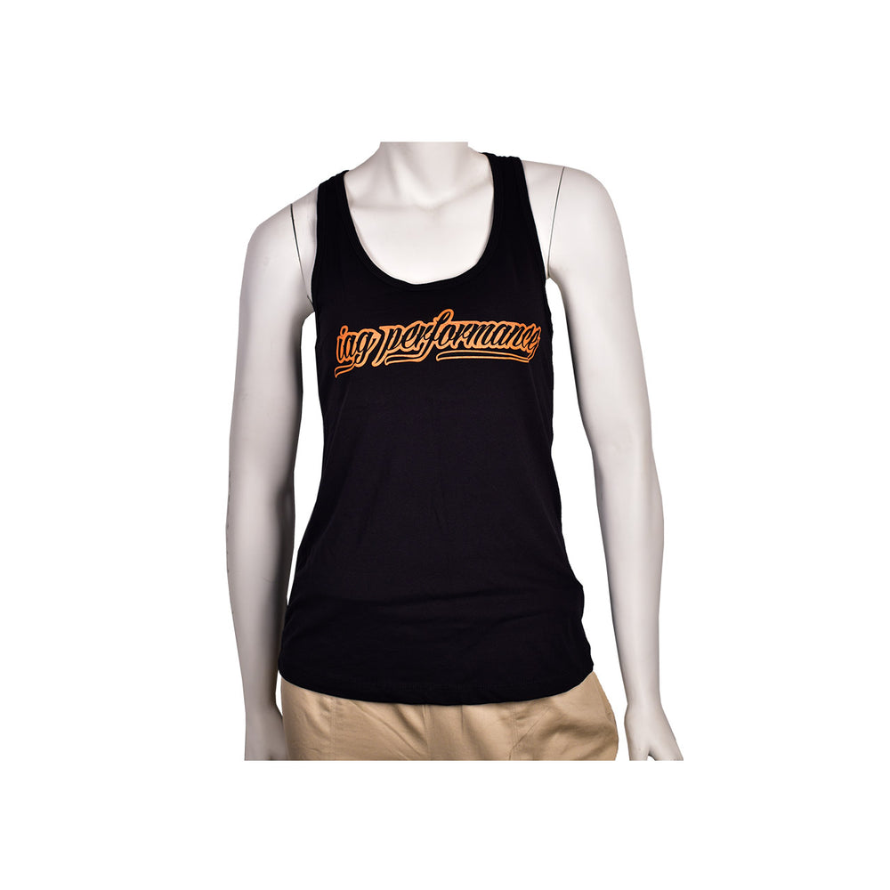 Women's Black & Orange Script Tank Top. - IAG-APP-1005L