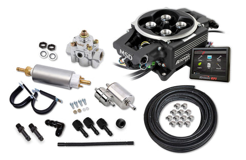 MSD Atomic 2 EFI Master Kit; Incl. Complete Fuel System/Regulator/Hose/Pump/Filters/Hardware/Bulkhead Fitting; Black Finish;