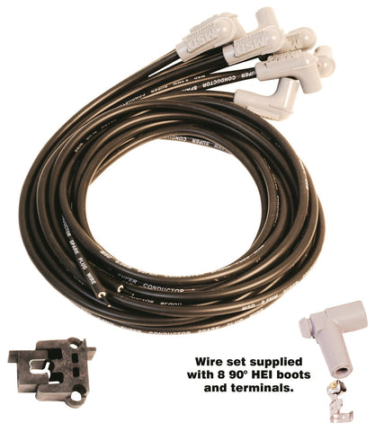 MSD Universal Spark Plug Wire Set; Black Super Conductor; 8.5mm; Fits 8 Cyl. Late Model HEI Caps [Ford Duraspark Or MSD Cap-A-Dapt]; Includes: Wires/90 Degree Boots/Terminals;