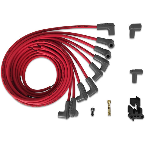 MSD Universal Spark Plug Wire Set; Red Super Conductor; 8.5mm; Fits 8 Cyl. Late Model HEI Caps [Ford Duraspark Or MSD Cap-A-Dapt]; Includes: Wires/90 Degree Boots/Terminals;