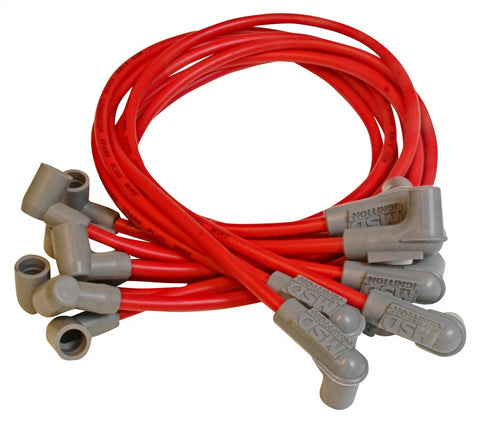 MSD Custom Spark Plug Wire Set; 8.5mm; Red; Fits Small Block Chevy Race Engines w/Headers Or MSD Distributor; 90 Degree Socket Style Distributor Ends;