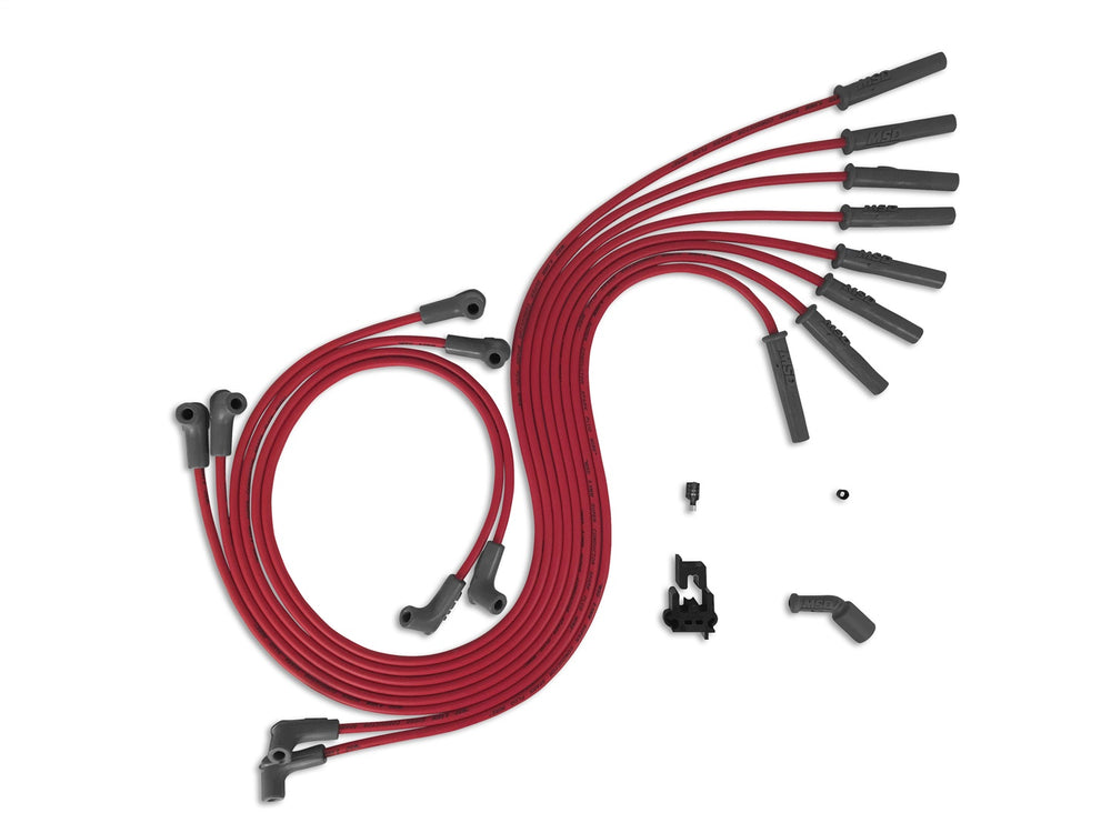 MSD Universal Spark Plug Wire Set; 8.5mm; Red; Fits GM Gen-III Engines [LS1/LS6]; Perfect For Relocated Coils; 90 Degree And Multi-Angled Boots Supplied;