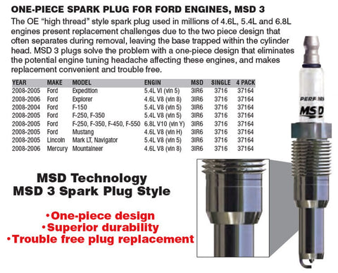 MSD Iridium Tip Spark Plug; Single; Plug Type 3IR6; 16 mm. Thread; 0.8125 Reach;