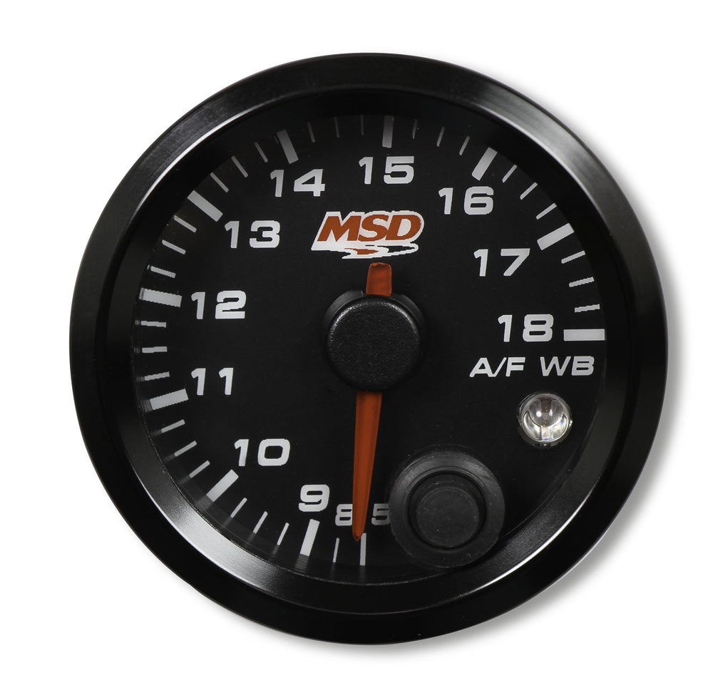 MSD Standalone Wideband Air/Fuel Gauge; 2-1/16 in.; Incl. Bosch Wideband Sensor/5 ft. 6-Pin Sensor Harness/4 ft. Power/Ground/Lighting Harness; Compatible w/All Fuel Types; Black;