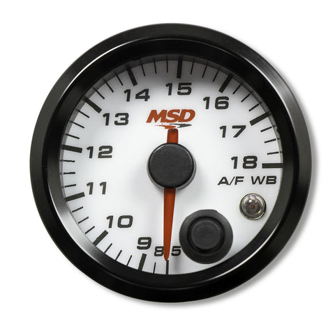 MSD Standalone Wideband Air/Fuel Gauge; 2-1/16 in.; Incl. Bosch Wideband Sensor/5 ft. 6-Pin Sensor Harness/4 ft. Power/Ground/Lighting Harness; Compatible w/All Fuel Types; White;