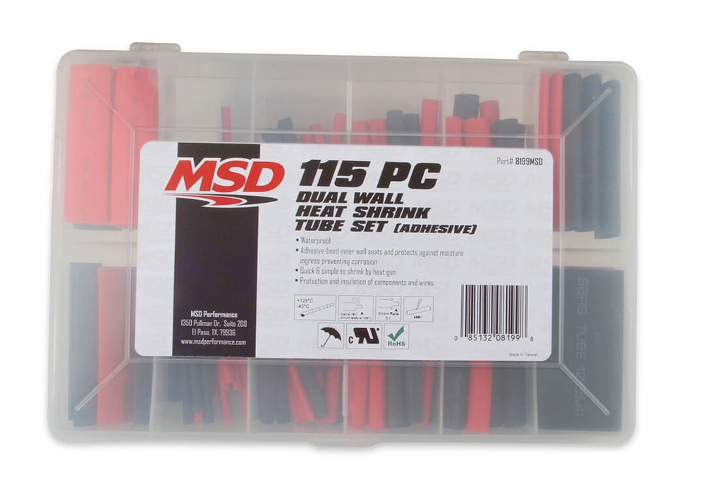 MSD MSD Heat Shrink Kit; 115 Piece; Incl. 1/8; 3/19; 1/4; 3/8; 1/2; 5/8; 3/4; 1 in. Sizes; Each 3 in. Long; w/Adhesive; Red And Black Colors;