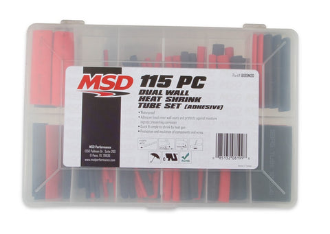 MSD MSD Heat Shrink Kit; 115 Piece; Incl. 1/8; 3/19; 1/4; 3/8; 1/2; 5/8; 3/4; 1 in. Sizes; Each 3 in. Long; w/Adhesive; Red And Black Colors;