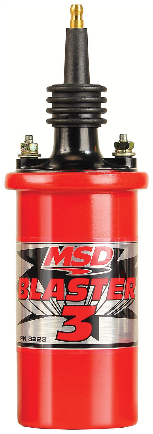 MSD Blaster 3 Ignition Coil; Extra Tall Tower; Incl. 90 deg. Terminal/Boot; 8 mH Inductance; 45000 Max Volts; 140 mA Peak Current; 350 uS Spark Duration; 100:1 Turns Ratio;