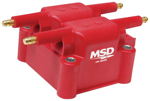 MSD Ignition Coil; 4-Tower; Bolt-On; 7 mH Inductance; 36000 Max Voltage; 0.51 ohms Primary/12k ohms Secondary Resistance; 77:1 Turns Ratio; Red;