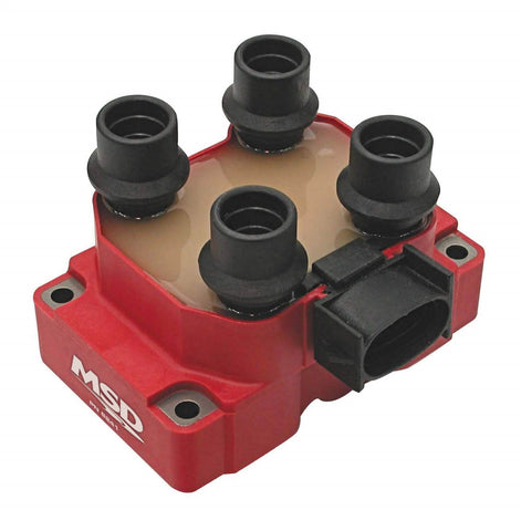 MSD Ford DIS Coil Pack; 4-Tower; Bolt-On; 3.9 mH Inductance; 40000 Max Voltage; 0.53 ohms Primary/13.7k ohms Secondary Resistance; 83:1 Turns Ratio; Red;