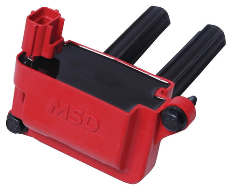 MSD Hemi Coil-On-Plug Direct Ignition Coil; Direct Bolt-In To Factory Connectors; 2.15 mH Induction; 36000 Max Voltage; 1320 mS Spark Duration; 80:1 Turns Ratio; Red; Single;