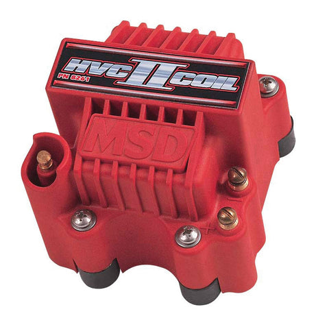 MSD HVC-II Ignition Coil; Racing Coil For Use w/MSD 7 or 8 Series Ignition; 0.250 mH Inductance; 45000 Max Volts; 2 Amps Peak Current;150 uS Spark Duration; 70:1 Turns Ratio; Red;