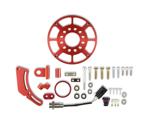MSD Crank Trigger Kit; Fits Small Block Chevy - LS Gen III/IV; 7.25 in. Diameter; Billet 6061-T6 Aluminum Trigger Wheel; 5-20 Volt Operating Voltage; Hall Effect Sensor Type; Red;