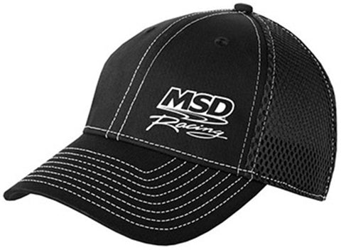 MSD Flexfit Mesh Baseball Cap; MSD Race Logo Left; Black w/White Stitching; M/L;