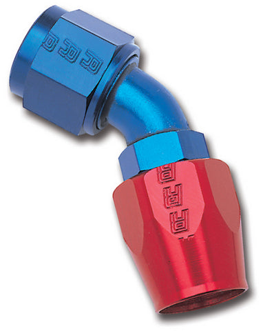 Russell Hose End; Full Flow; Swivel; 45deg.;-6; Red/Blue