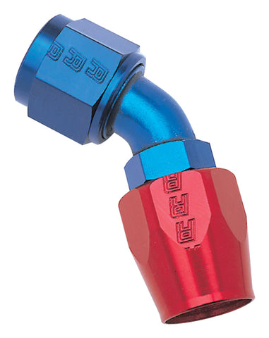 Russell Hose End; Full Flow; Swivel; 45deg.;-8; Red/Blue