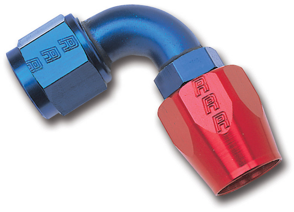 Russell Hose End; Full Flow; Swivel; 90deg.;-8; Red/Blue
