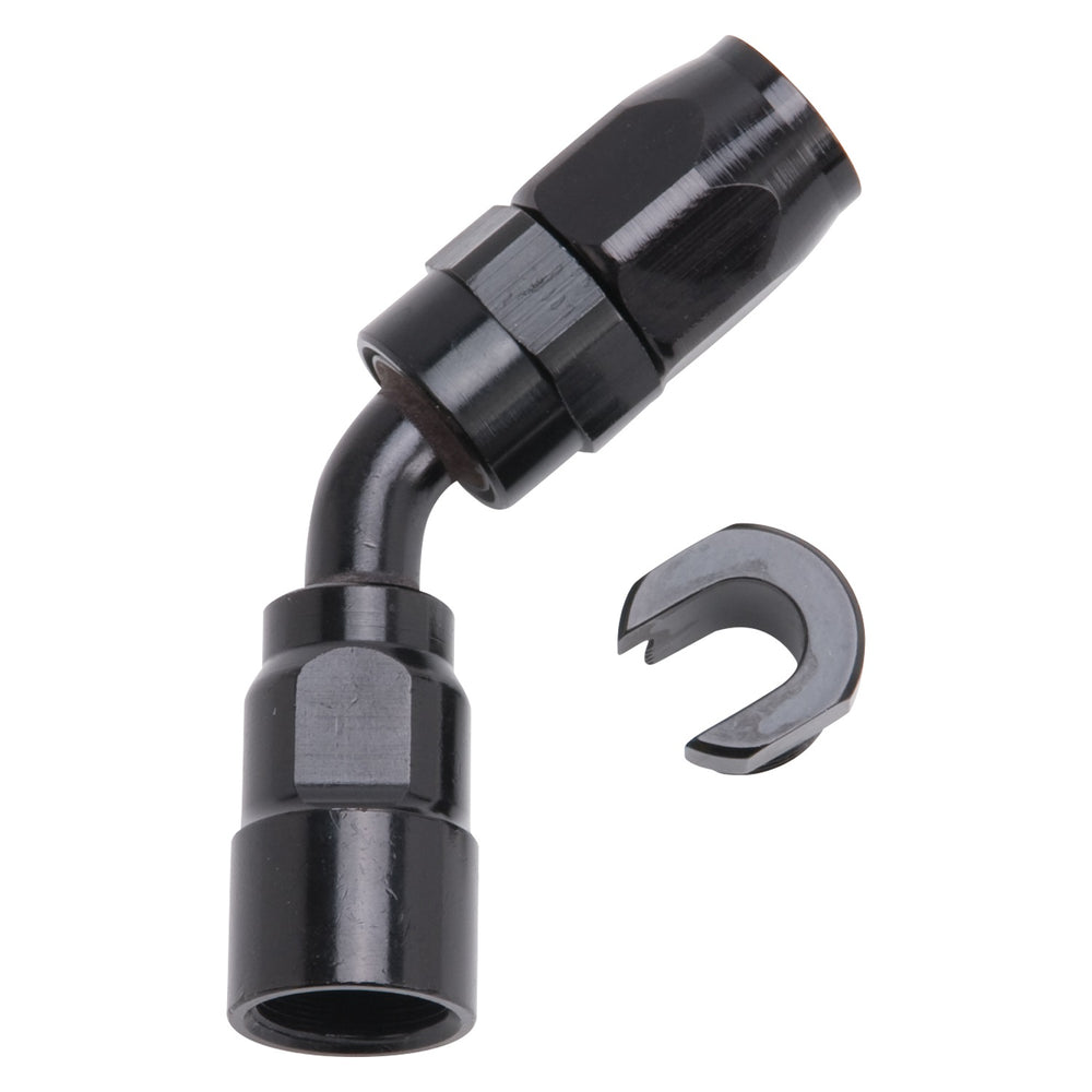 Russell HOSE END. 3/8in. SAE QUICK DISCONNECT FEMALE TO #6 HOSE. 45deg. BLACK ANODIZED