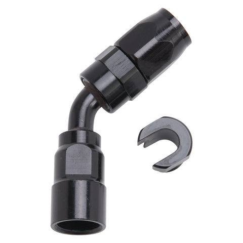 Russell HOSE END. 5/16in. SAE QUICK DISCONNECT FEMALE TO #6 HOSE. 45deg. BLACK ANODIZED