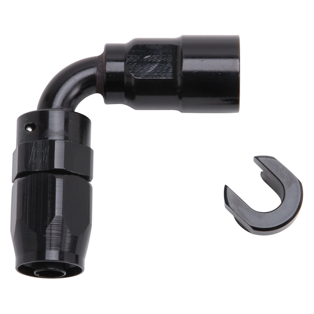Russell HOSE END. 3/8in. SAE QUICK DISCONNECT FEMALE TO #6 HOSE. 90deg. BLACK ANODIZED