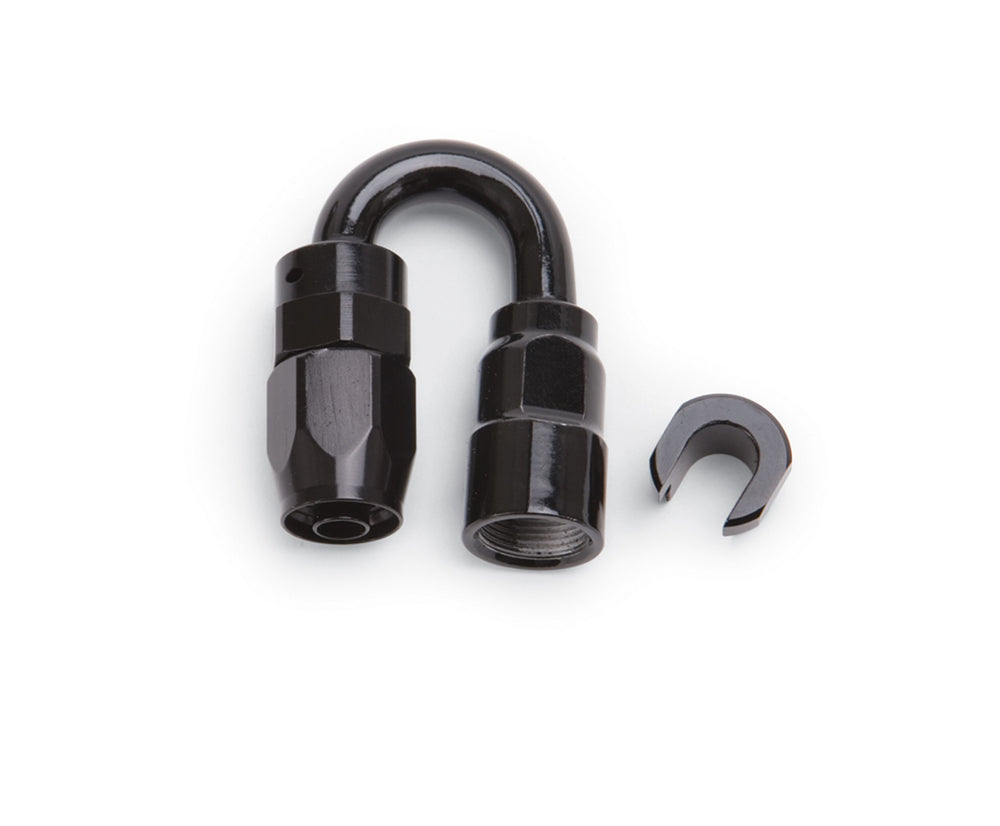 Russell HOSE END. 3/8in. SAE QUICK DISCONNECT FEMALE TO #6 HOSE. 180deg. BLACK ANODIZED