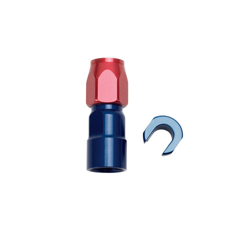 Russell HOSE END. 5/16in. SAE QUICK DISCONNECT FEMALE TO #6 HOSE. STRAIGHT. RED/BLUE ANODIZED