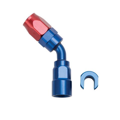 Russell HOSE END. 5/16in. SAE QUICK DISCONNECT FEMALE TO #6 HOSE. 45deg. RED/BLUE ANODIZED