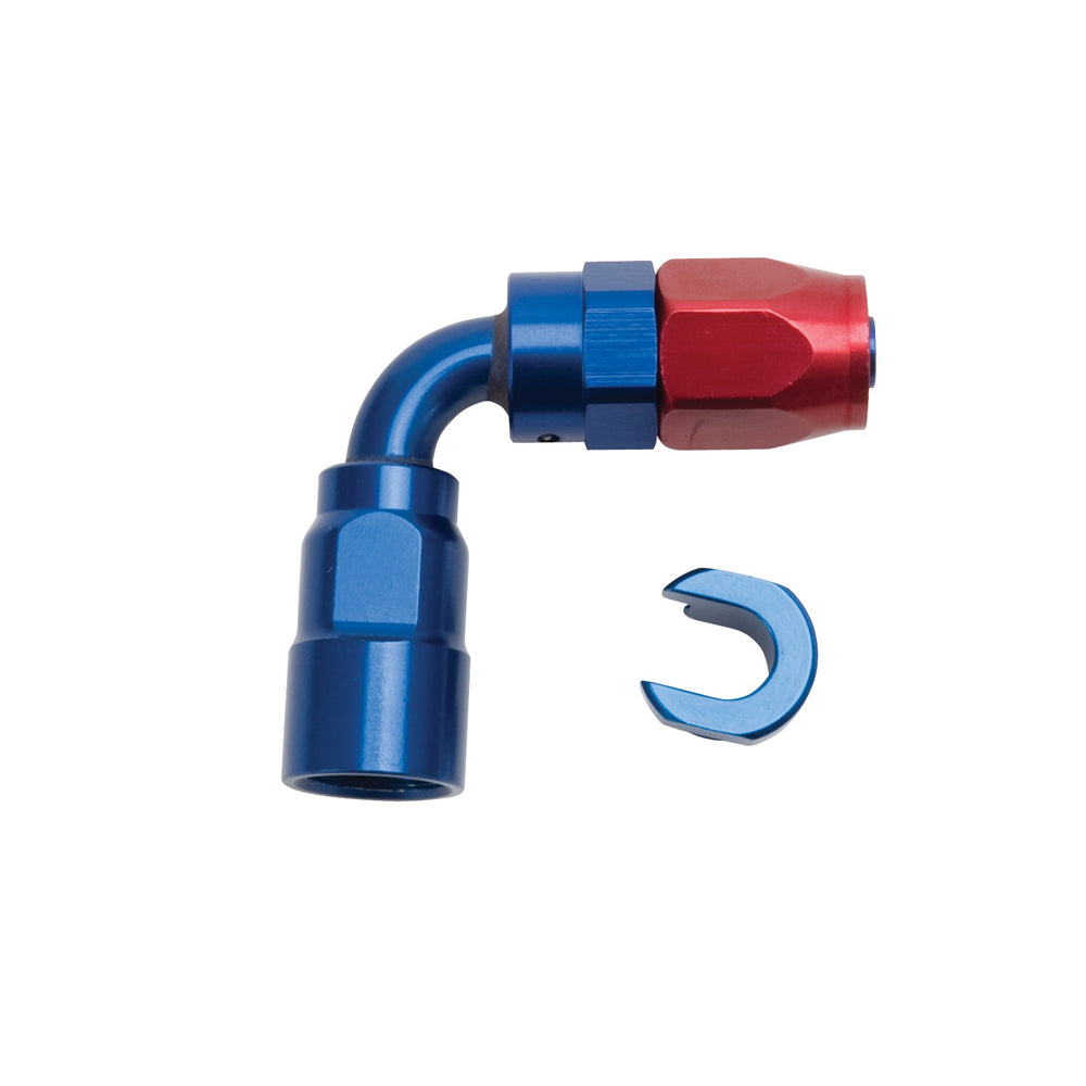 Russell HOSE END. 5/16in. SAE QUICK DISCONNECT FEMALE TO #6 HOSE. 90deg. RED/BLUE ANODIZED
