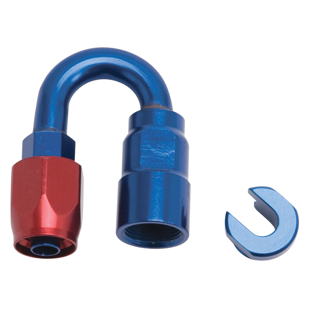 Russell HOSE END. 3/8in. SAE QUICK DISCONNECT FEMALE TO #6 HOSE. 180deg. RED/BLUE ANODIZED