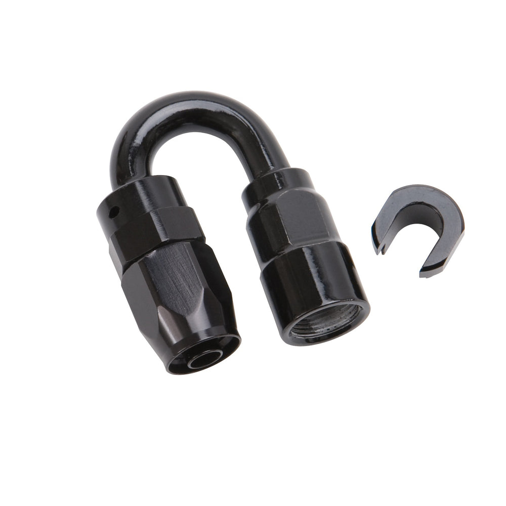 Russell HOSE END. 5/16in. SAE QUICK DISCONNECT FEMALE TO #6 HOSE. 180deg. BLACK ANODIZED