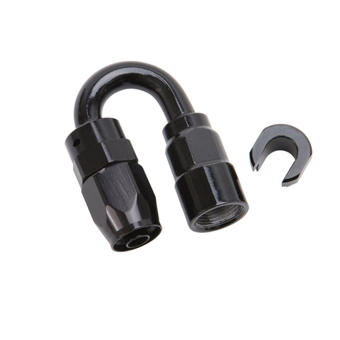 Russell HOSE END. 5/16in. SAE QUICK DISCONNECT FEMALE TO #6 HOSE. 180deg. BLACK ANODIZED