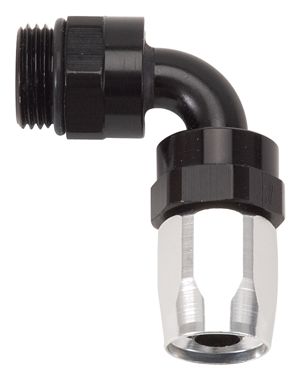 Russell SWIVEL HOSE END ASSEMBLY #10 AN MALE SAE PORT TO #8 HOSE 90 DEG CLR/BLK ANODIZED