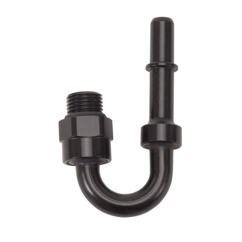 Russell ADAPTER FITTING; 3/8in. SAE QUICK DISCONNECT MALE TO #6 SAE PORT MALE SWIVEL END 180 DEG BLK ANODIZED