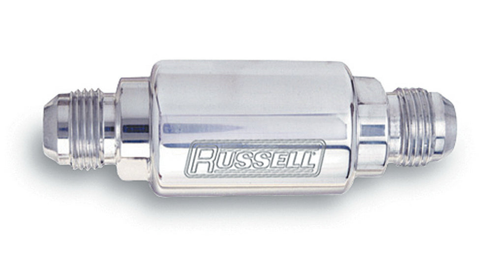 Russell FUEL FILTER; ALUMINUM; COMPETITION; 3.25in. LONG;-6 MALE IN/OUT; POLISHED