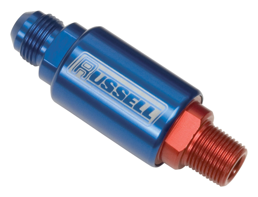 Russell FUEL FILTER; ALUMINUM; COMPETITION; 3in. LONG;-6 MALE IN; 3/8in. MALE NPT OUT; RED/BLUE