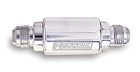 Russell FUEL FILTER; ALUMINUM; COMPETITION; 3in. LONG;-6 MALE IN/OUT; POLISHED